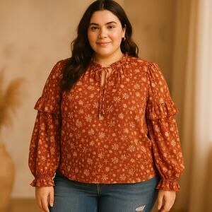 Black Tape Floral Peasant Top Sz 2X Rust Ruffle Sheer Chiffon Boho Swiss Dot